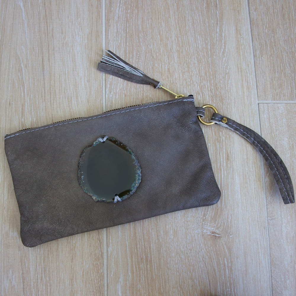 Grey Leather Handmade Clutch with Agate Accent